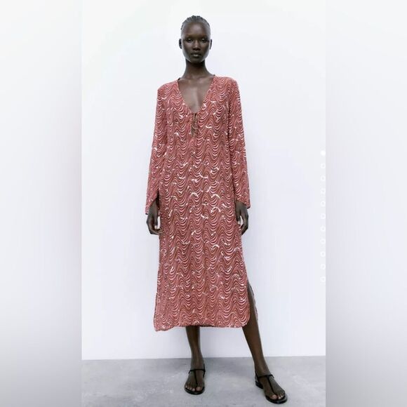 ZARA NWT WOMAN BEADED MIDI DRESS PINK - Picture 5 of 11